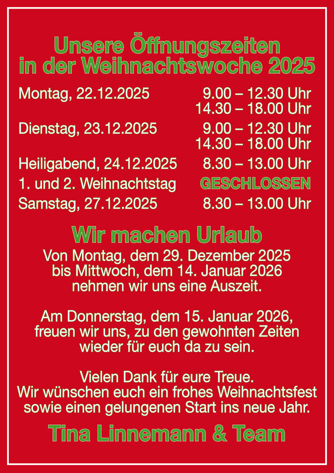 Öffnungszeiten in der Weihnachtswoche 2025